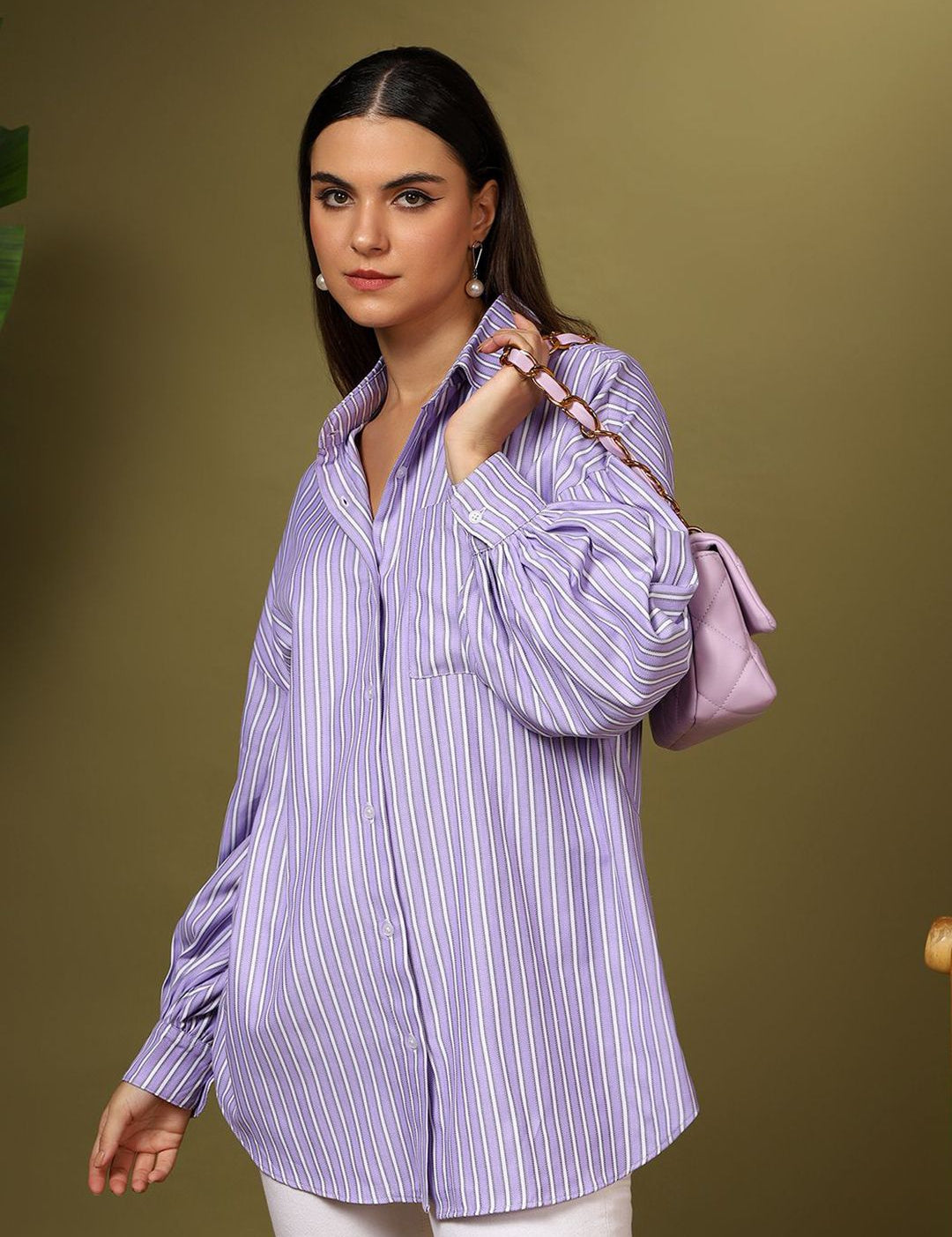 Kotty Women Oversized Fit Spread Collar Vertical Striped Cotton Casual Shirt