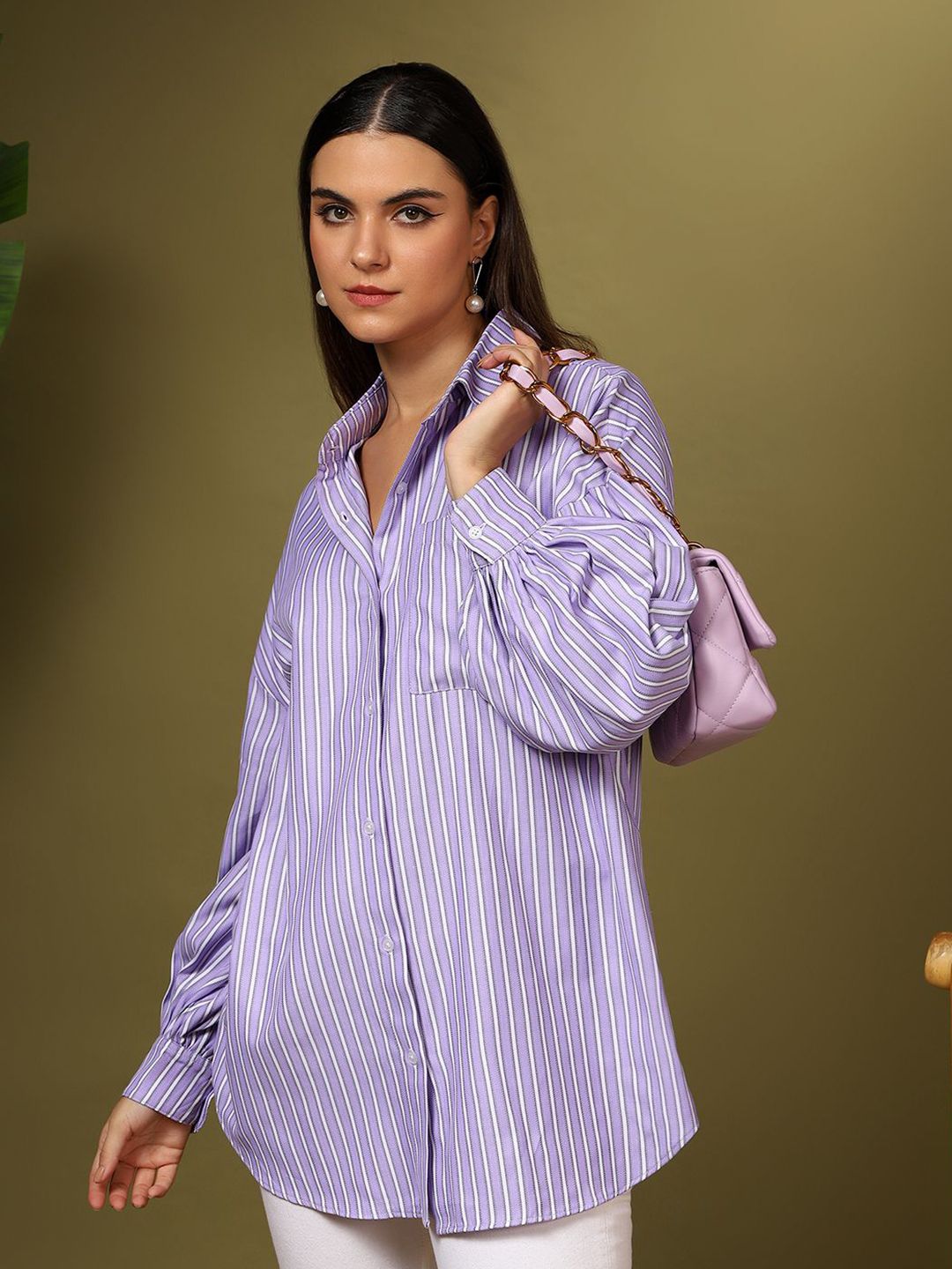 Kotty Women Oversized Fit Spread Collar Vertical Striped Cotton Casual Shirt