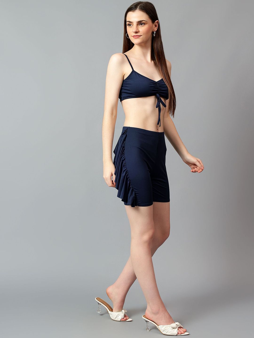 Kotty Navy Blue V-Neck Sleeveless Top With Short