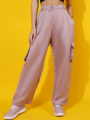 Kotty Women Relaxed Straight Leg Straight Fit High-Rise Easy Wash Pleated Cargos Trousers