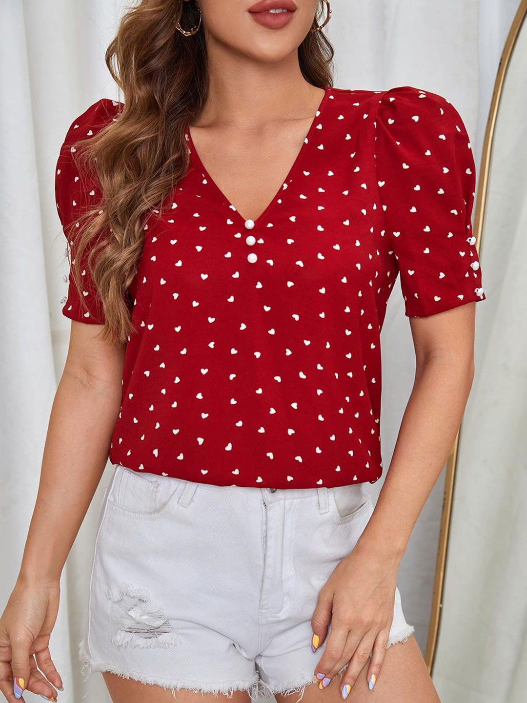 Kotty Geometric Print Puff Sleeve Crepe Wrap Crop Top