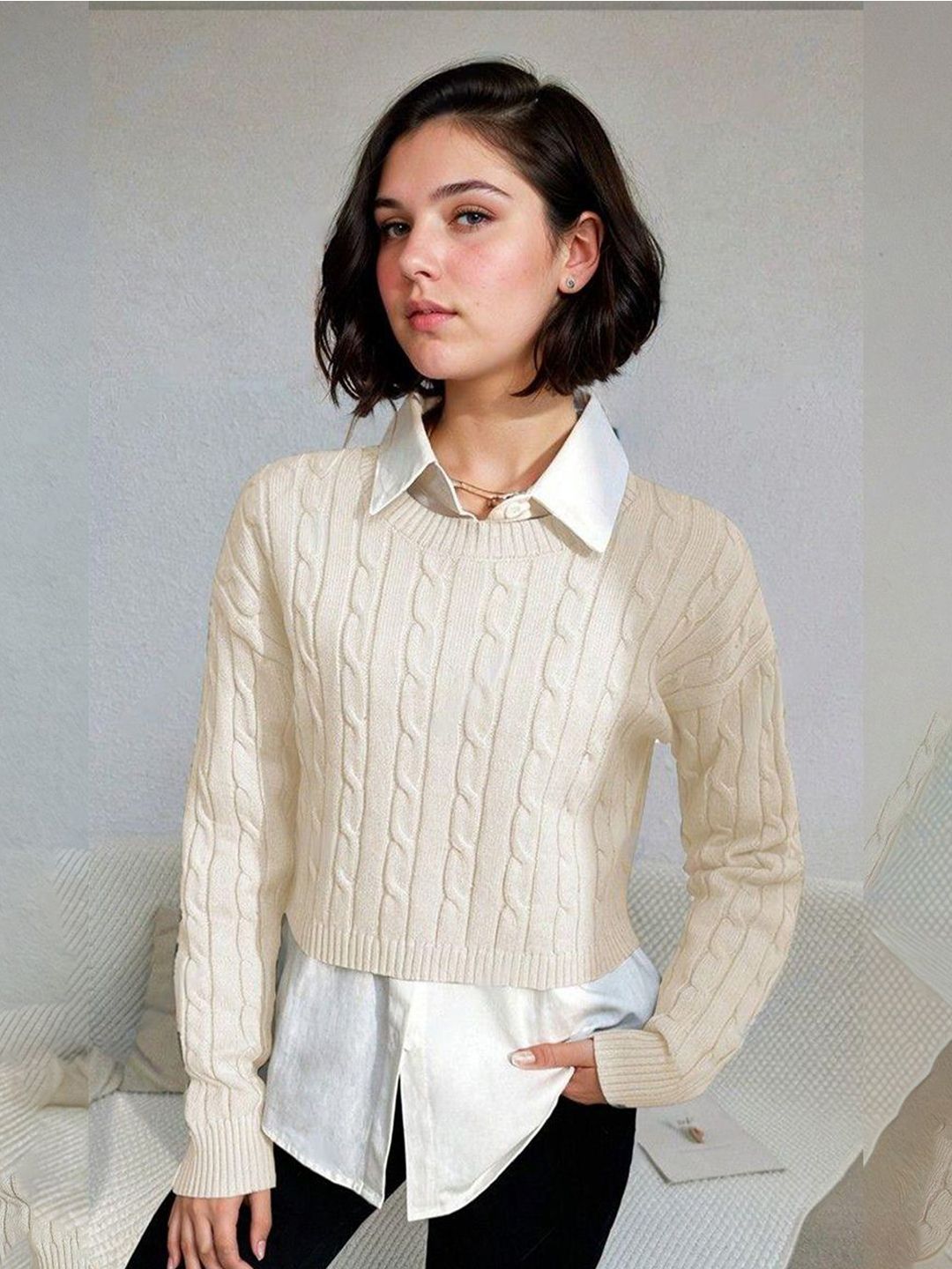 Kotty Women Cotton Self Design Cable Knit Pullover