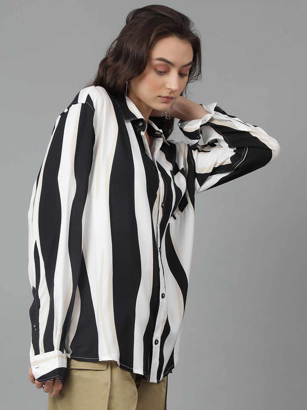 Kotty Women Spread Collar Striped Cotton Oversized Casual Shirt