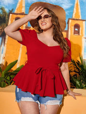 KOTTY Women Plus Size Sweetheart Neck Peplum Top With Tie-Ups