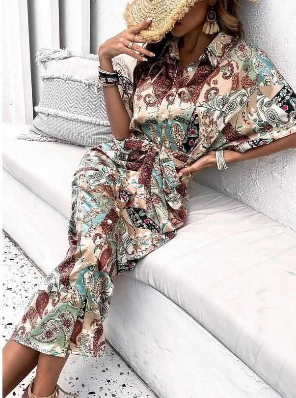 Kotty Women Floral Print Flutter Sleeve Satin Shirt Midi Dress