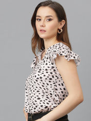 Kotty Women Printed V-Neck Flutter Sleeve Crepe Top