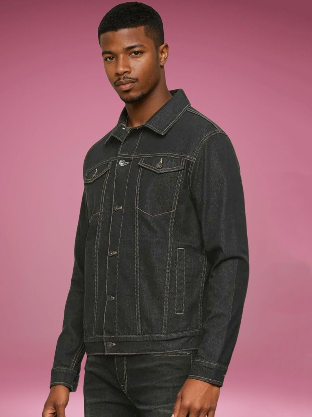 Kotty Men Spread Collar Solid Denim Jacket