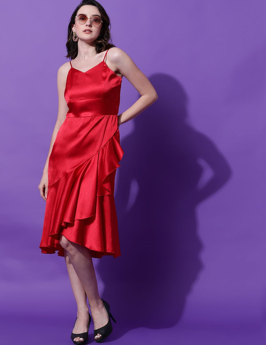 Kotty Women Solid Shoulder Straps Fit & Flare Midi Dress