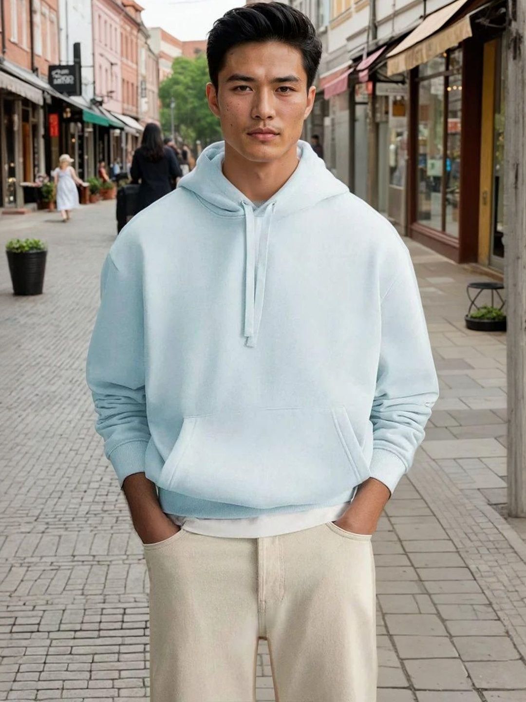 Kotty Men Hooded Solid Ribbed Cotton Pullover Sweatshirt