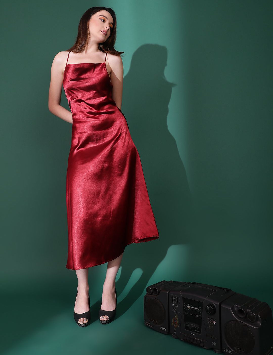 Kotty Cowl Neck Satin A-Line Midi Dress