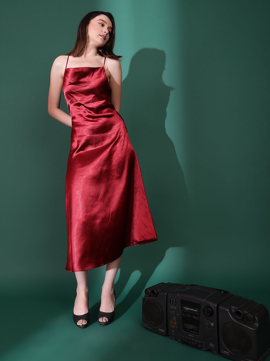 Kotty Cowl Neck Satin A-Line Midi Dress