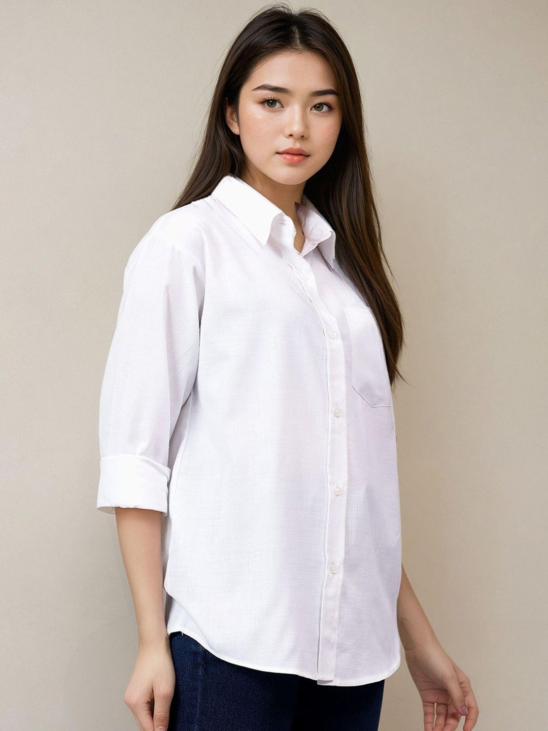 Kotty Women Spread Collar Solid Cotton Relaxed Fit Casual Shirt
