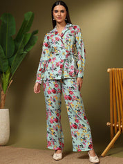 Kotty Green and Pink Printed Notched Lapel Collar Blazer With Trousers