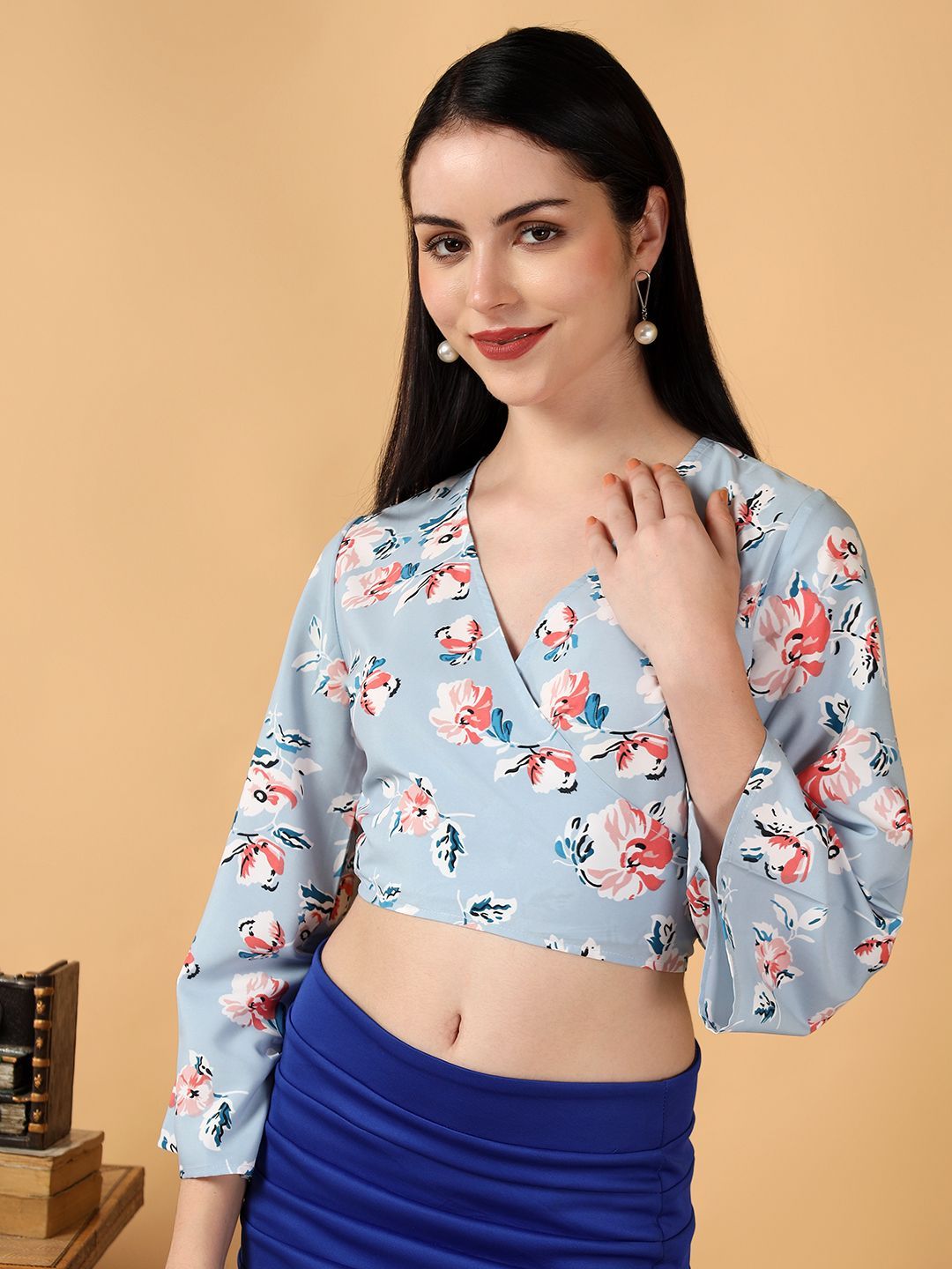 Kotty Floral Print Bell Sleeve Crepe Wrap Crop Top