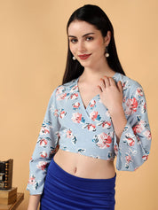 Kotty Floral Print Bell Sleeve Crepe Wrap Crop Top