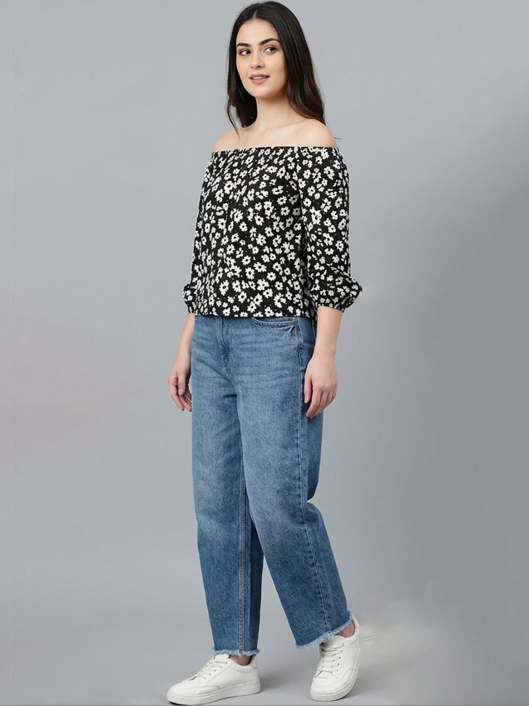 Kotty Top Jet Black Women's Off-Shoulder Three-Quarter-Sleeve Fashion