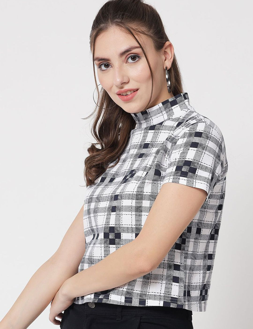 Kotty Women Checked Printed High Neck Short Sleeves Casual Top