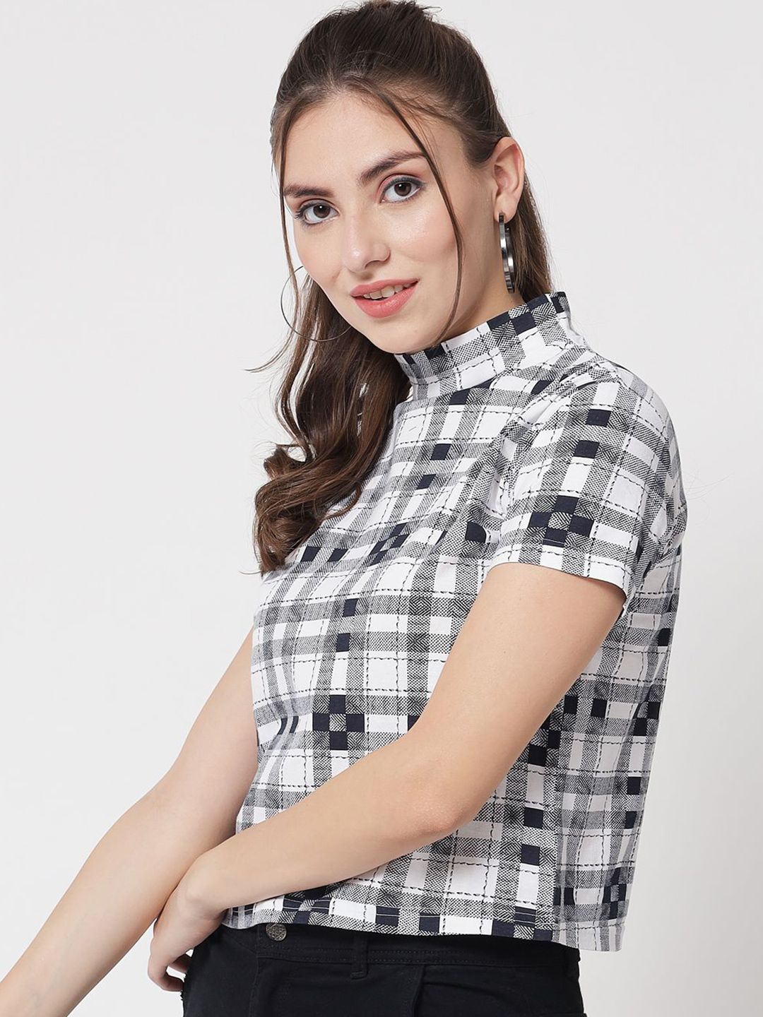 Kotty Women Checked Printed High Neck Short Sleeves Casual Top