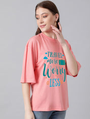 Kotty Women Typography Printed Drop-Shoulder Sleeves Regular Oversized Cotton T-shirt