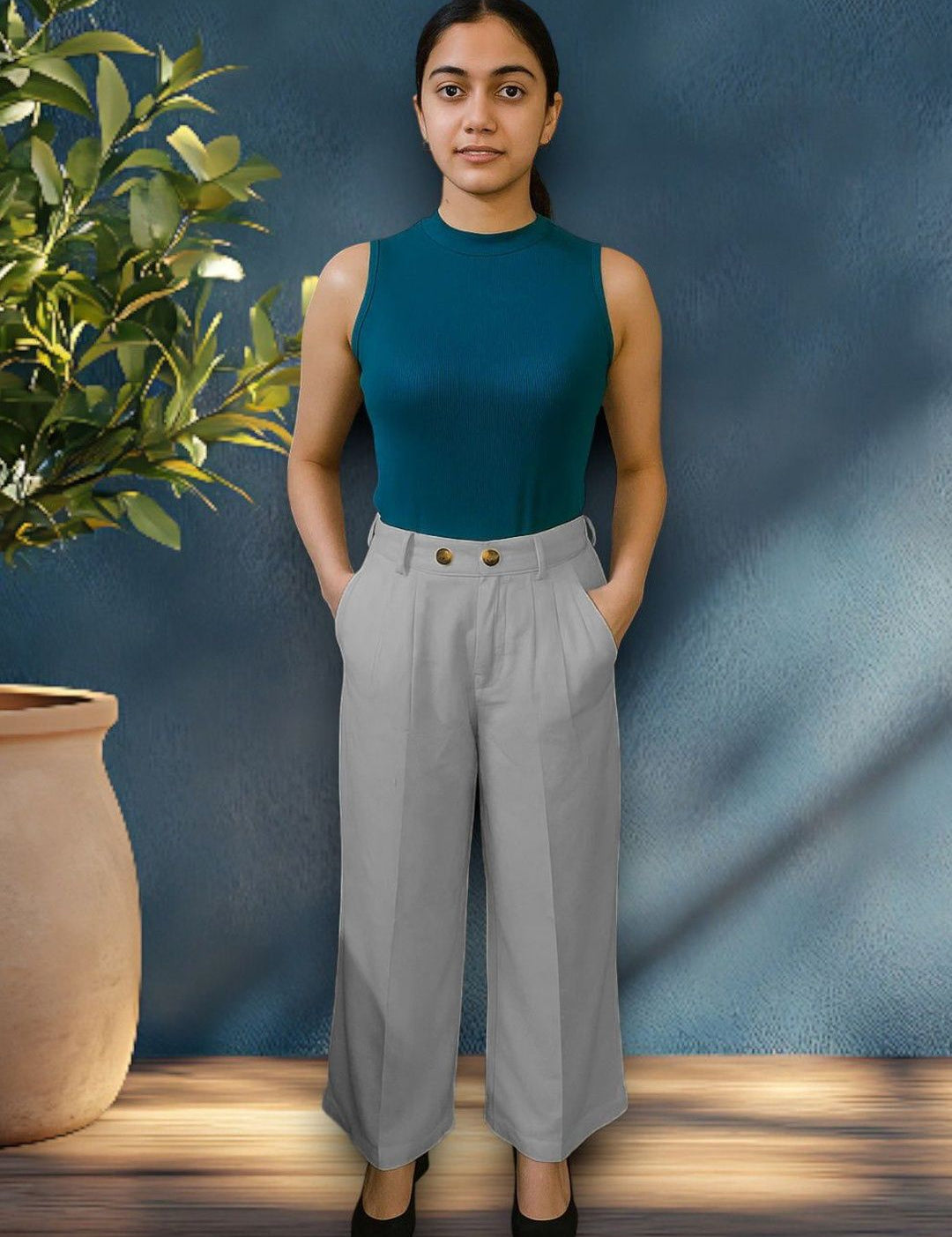 Kotty Women Solid  High-Rise Wide Leg Easy Wash Pleated Formal Trousers