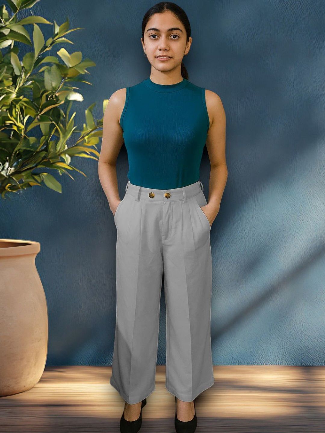 Kotty Women Solid  High-Rise Wide Leg Easy Wash Pleated Formal Trousers