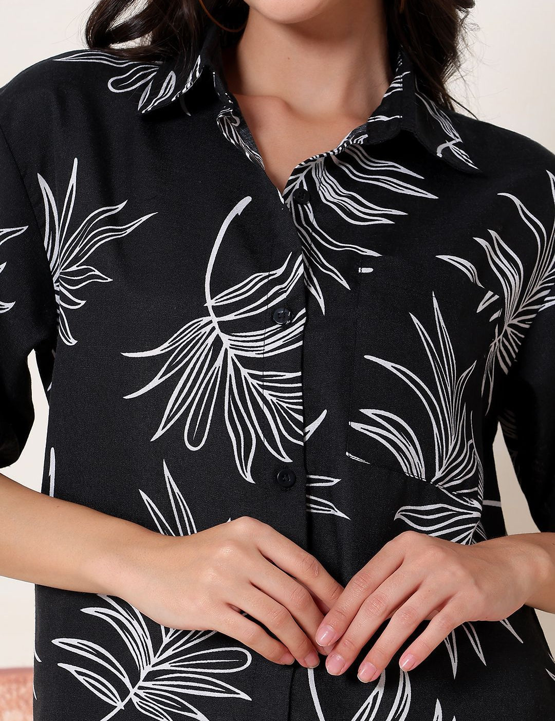 Kotty Women Comfort Fit Floral Printed Spread Collar Linen Casual Shirt