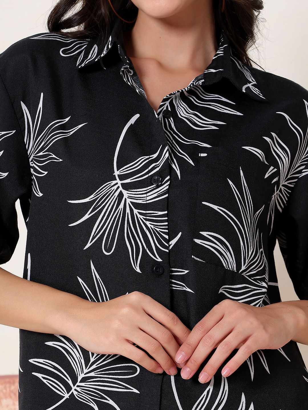 Kotty Women Comfort Fit Floral Printed Spread Collar Linen Casual Shirt