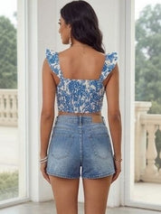 Kotty Top Denim Blue Women's Crop Shoulder-Straps Sleeveless
