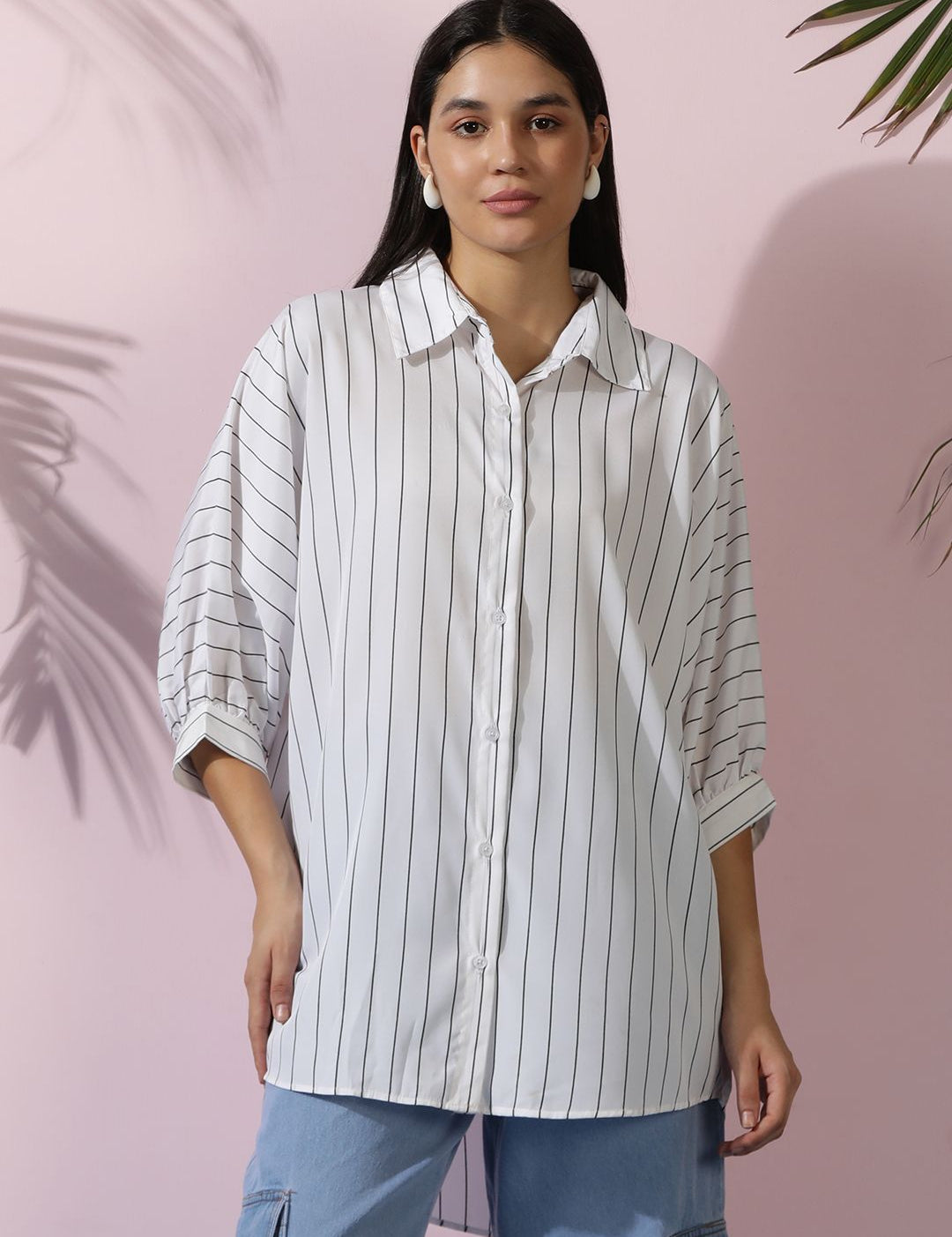 Kotty Women Comfort Spread Collar Vertical Striped Cotton Oversized Casual Shirt
