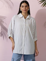 Kotty Women Comfort Spread Collar Vertical Striped Cotton Oversized Casual Shirt