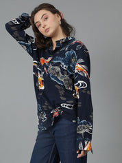 Kotty Women Spread Collar Abstract Printed Cotton Oversized Casual Shirt