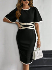 Kotty Solid Flared Sleeve Bodycon Midi Dress