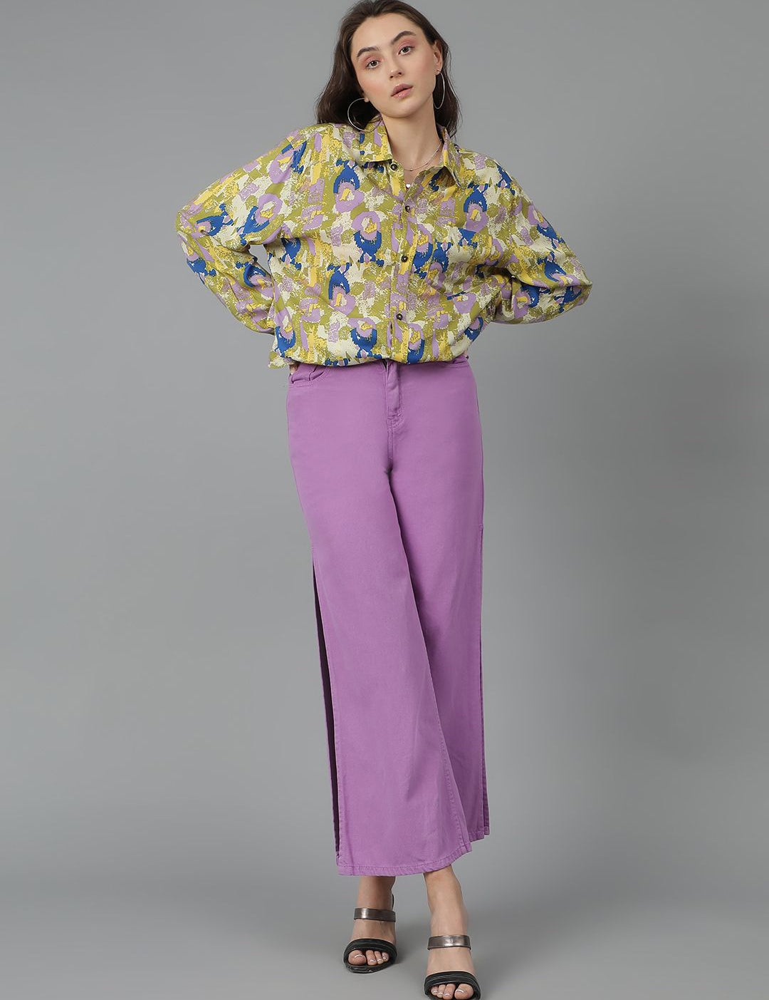 Kotty Women Spread Collar Abstract Printed Cotton Oversized Casual Shirt