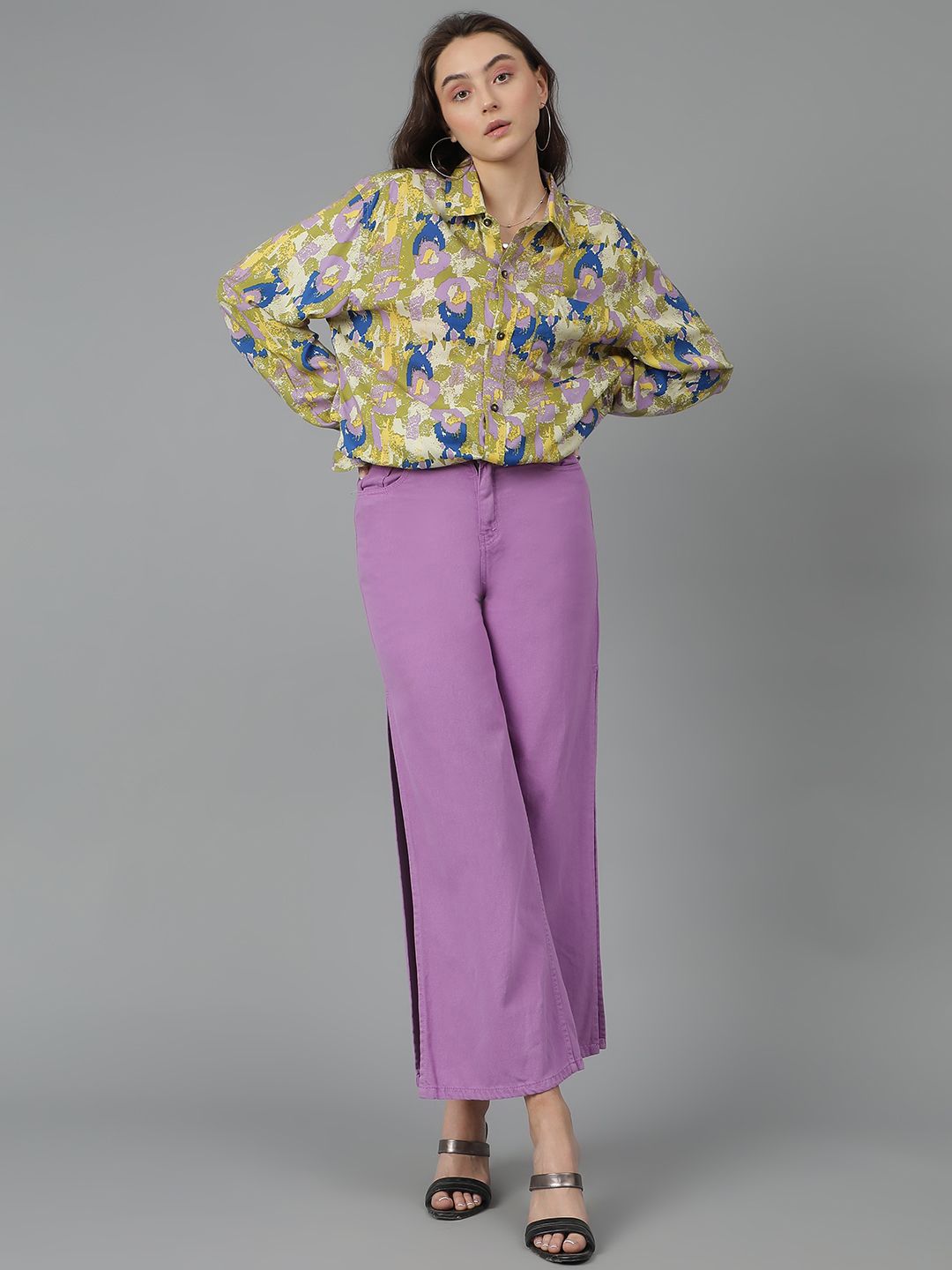 Kotty Women Spread Collar Abstract Printed Cotton Oversized Casual Shirt