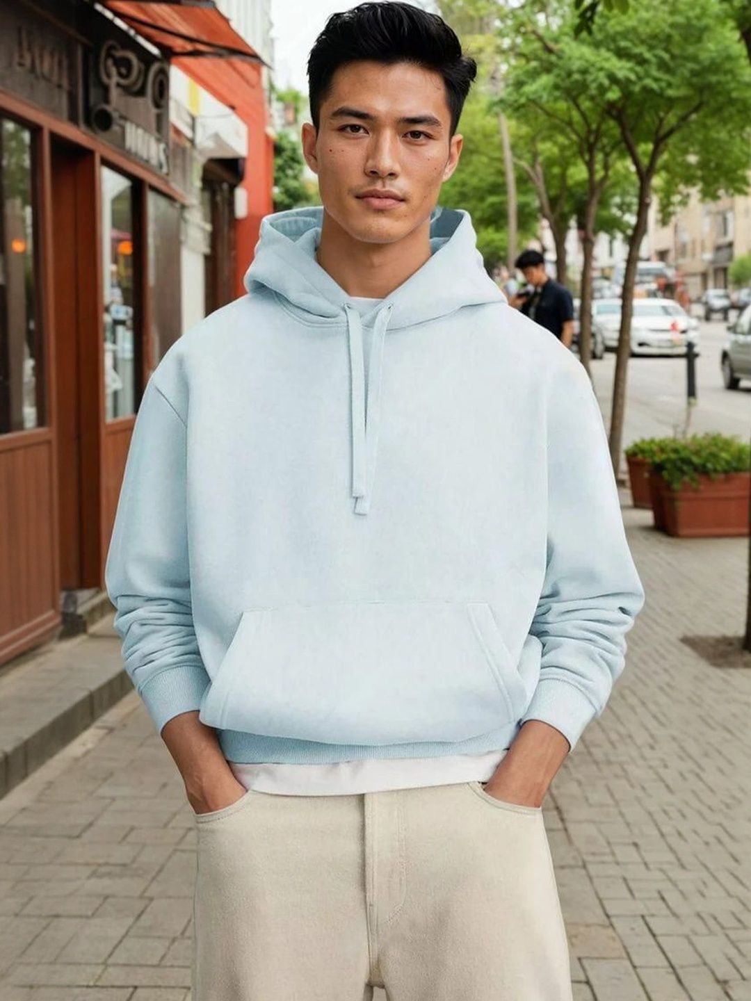 Kotty Men Hooded Solid Ribbed Cotton Pullover Sweatshirt