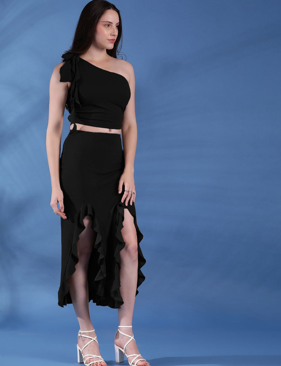  Kotty One Shoulder Crop Top With Frill Skirt Co-Ords