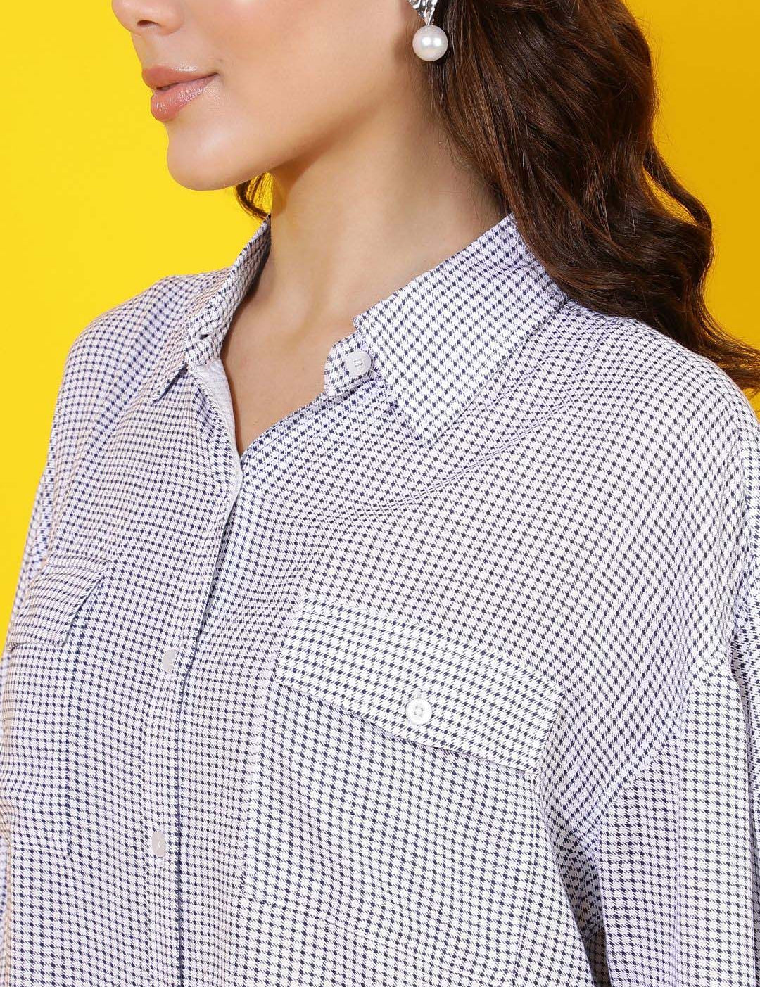 Kotty Women Comfort Spread Collar Micro Checked Cotton Oversized Casual Shirt