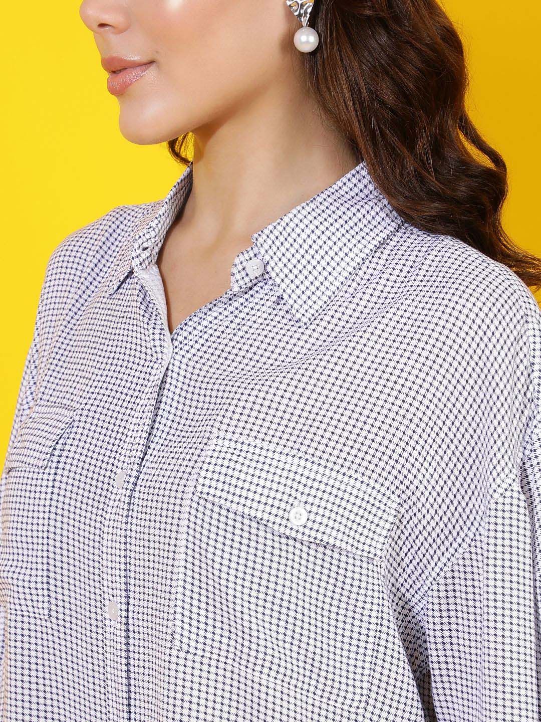 Kotty Women Comfort Spread Collar Micro Checked Cotton Oversized Casual Shirt