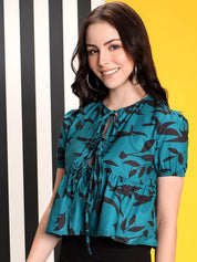 Kotty Print Tie-Up Neck Crepe Crop Top