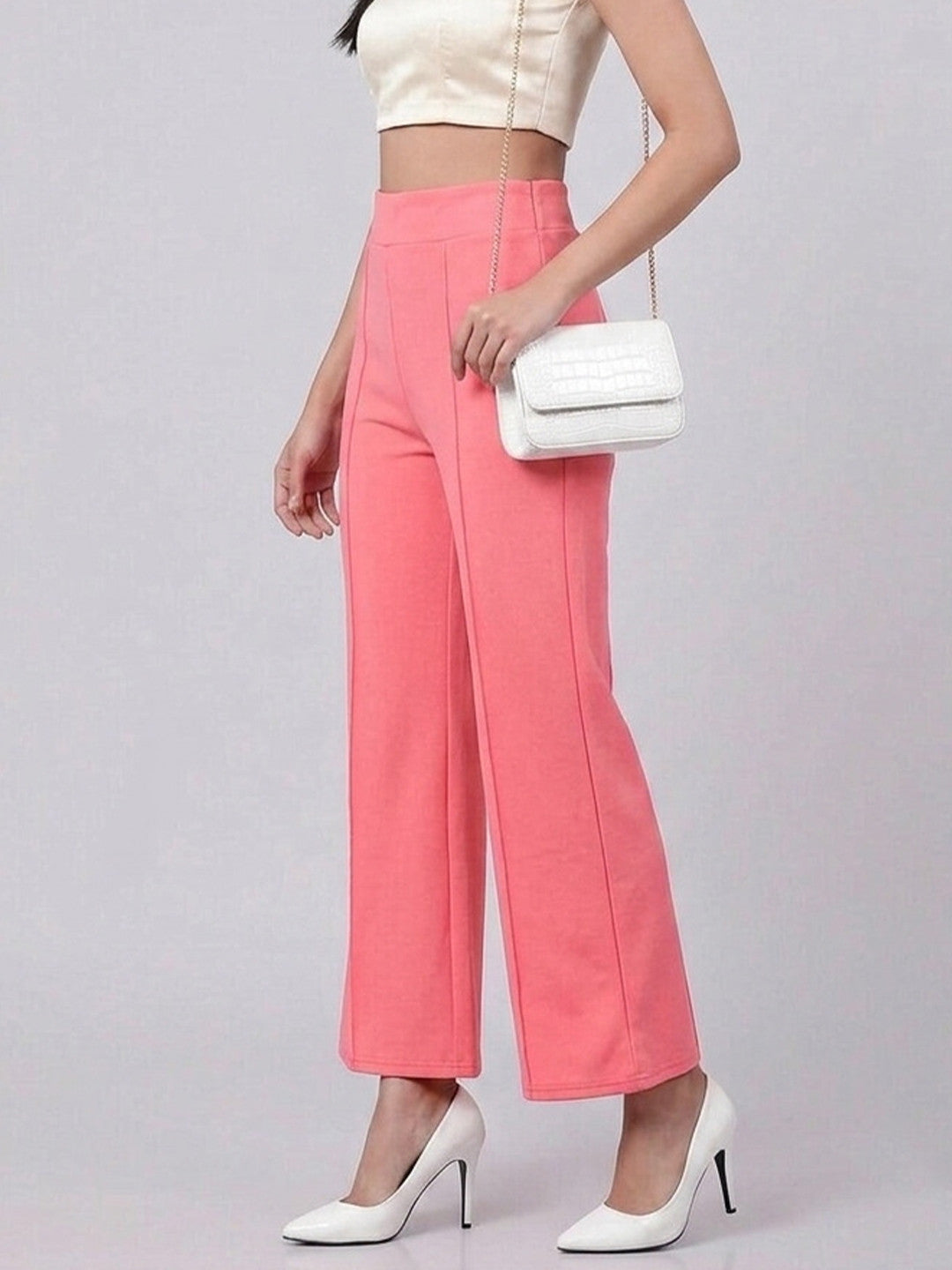 Pink Regular Fit High-Rise Trousers for Women – Trendy Solid Design | Kotty