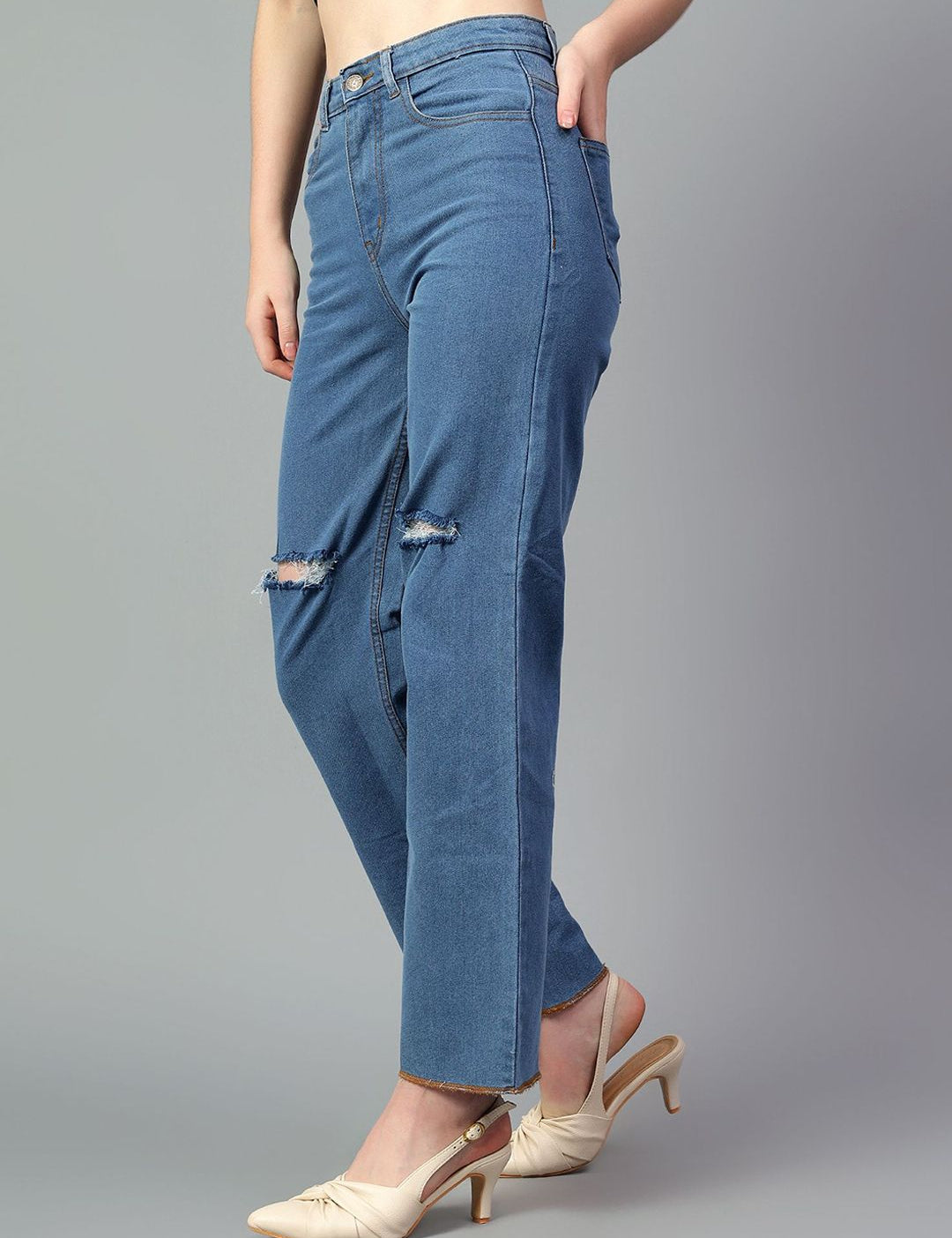 Kotty Women Jean Straight Fit High-Rise Slash Knee Stretchable Jeans