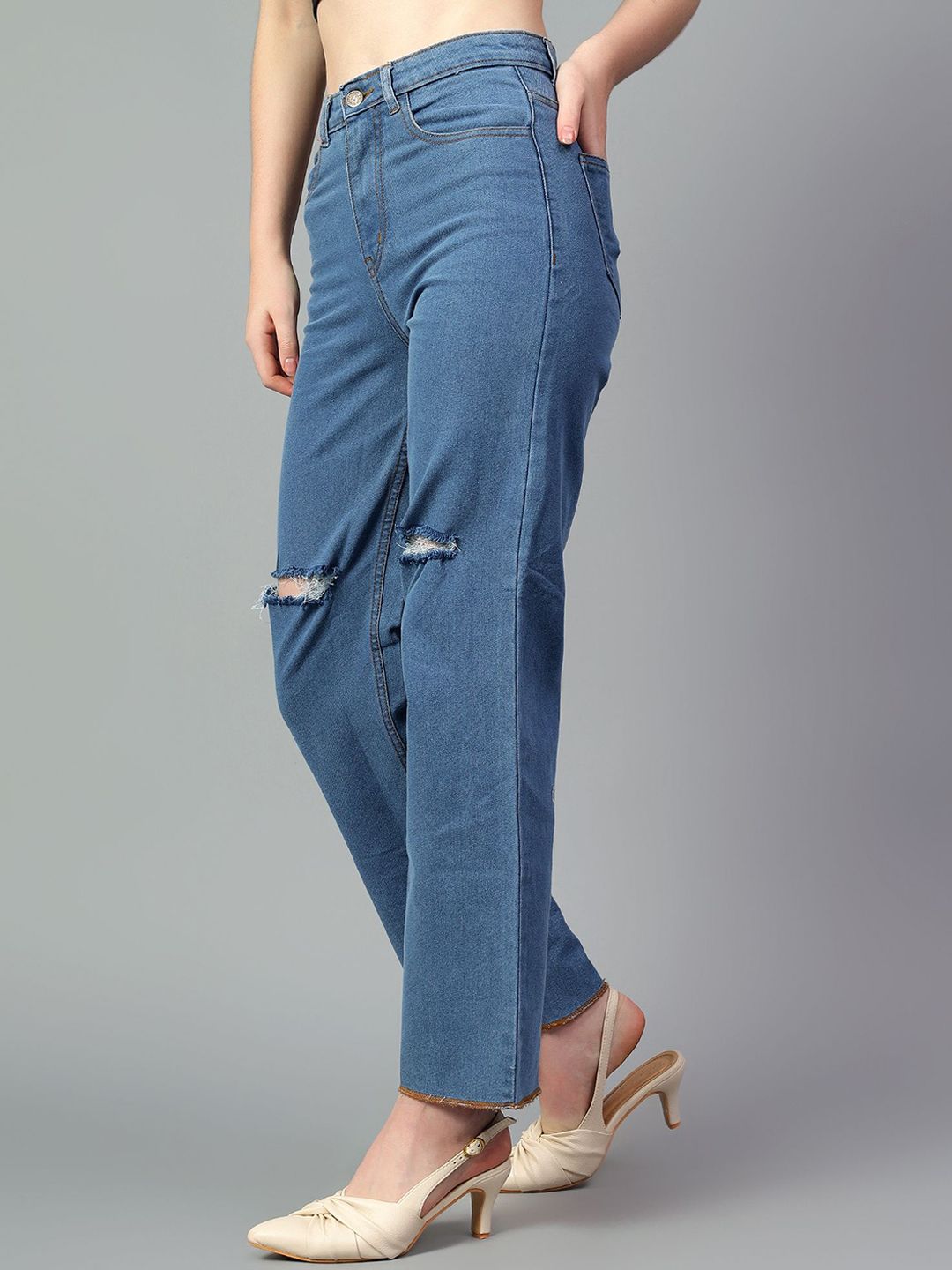 Kotty Women Jean Straight Fit High-Rise Slash Knee Stretchable Jeans