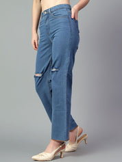 Kotty Women Jean Straight Fit High-Rise Slash Knee Stretchable Jeans