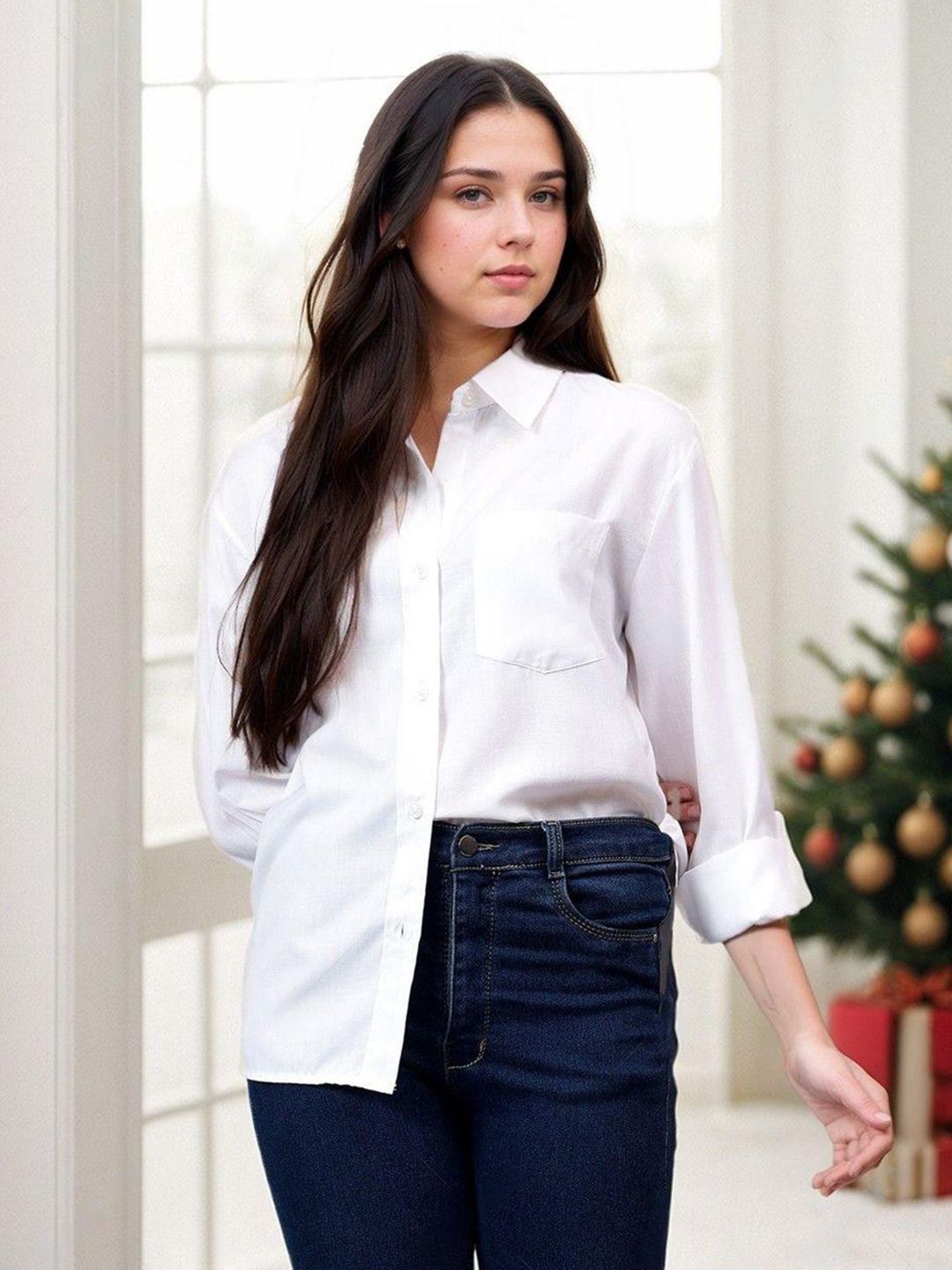 Kotty Women Spread Collar Solid Cotton Relaxed Fit Casual Shirt