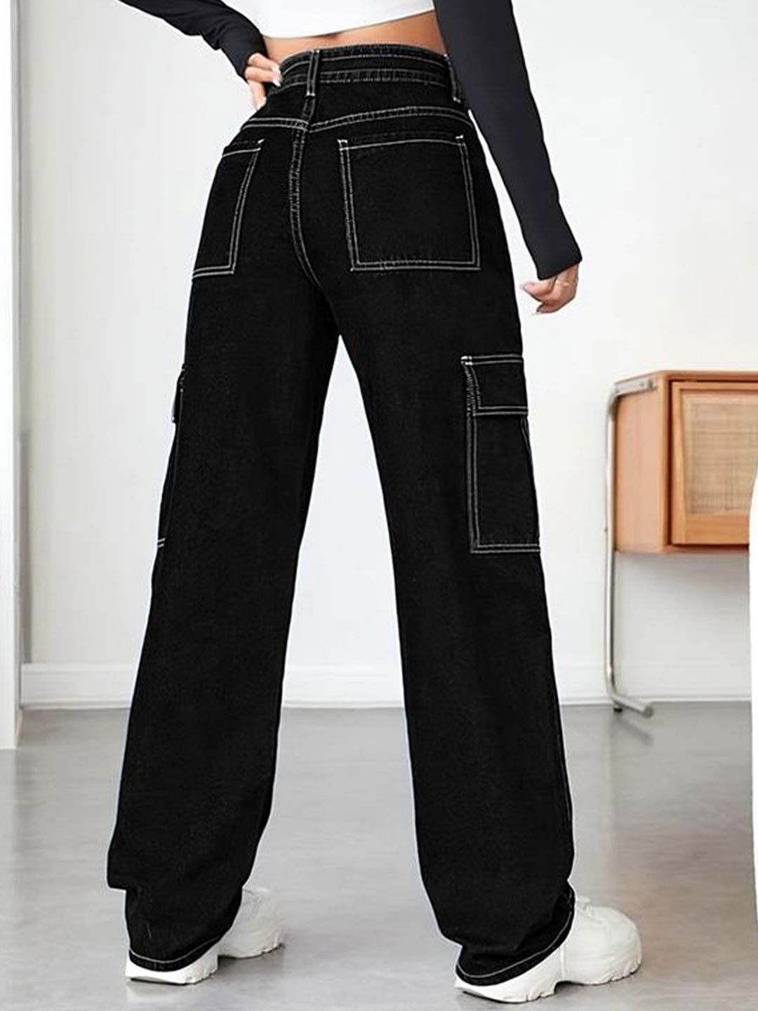 Kotty Women Straight Fit High-Rise Stretchable Cargo Jeans with White Stitching