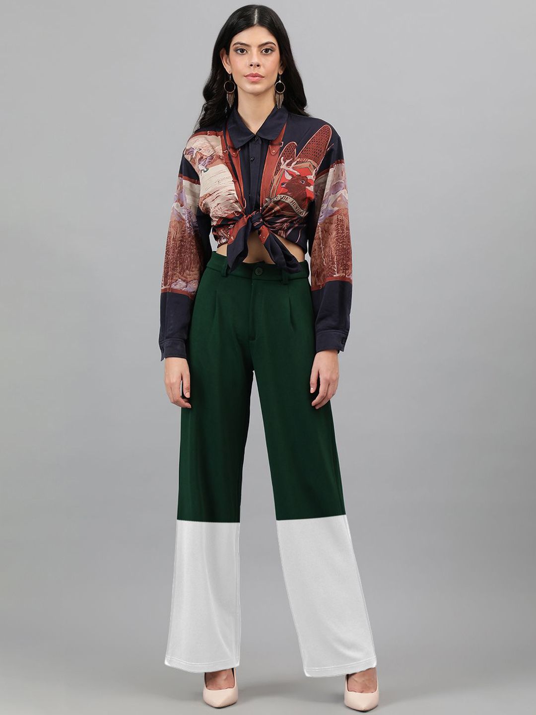 Kotty Women Colourblocked High-Rise Easy Wash Regular Trousers