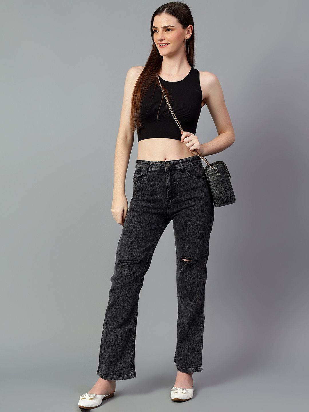 Kotty Women High-Rise Slash Knee Cotton Stretchable Jeans