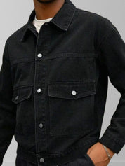 Kotty Men Spread Collar Solid Denim Jacket