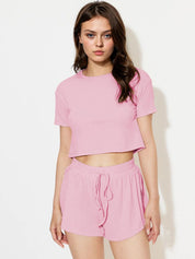 Kotty Pink Round Neck Short Sleeves Top With Shorts 