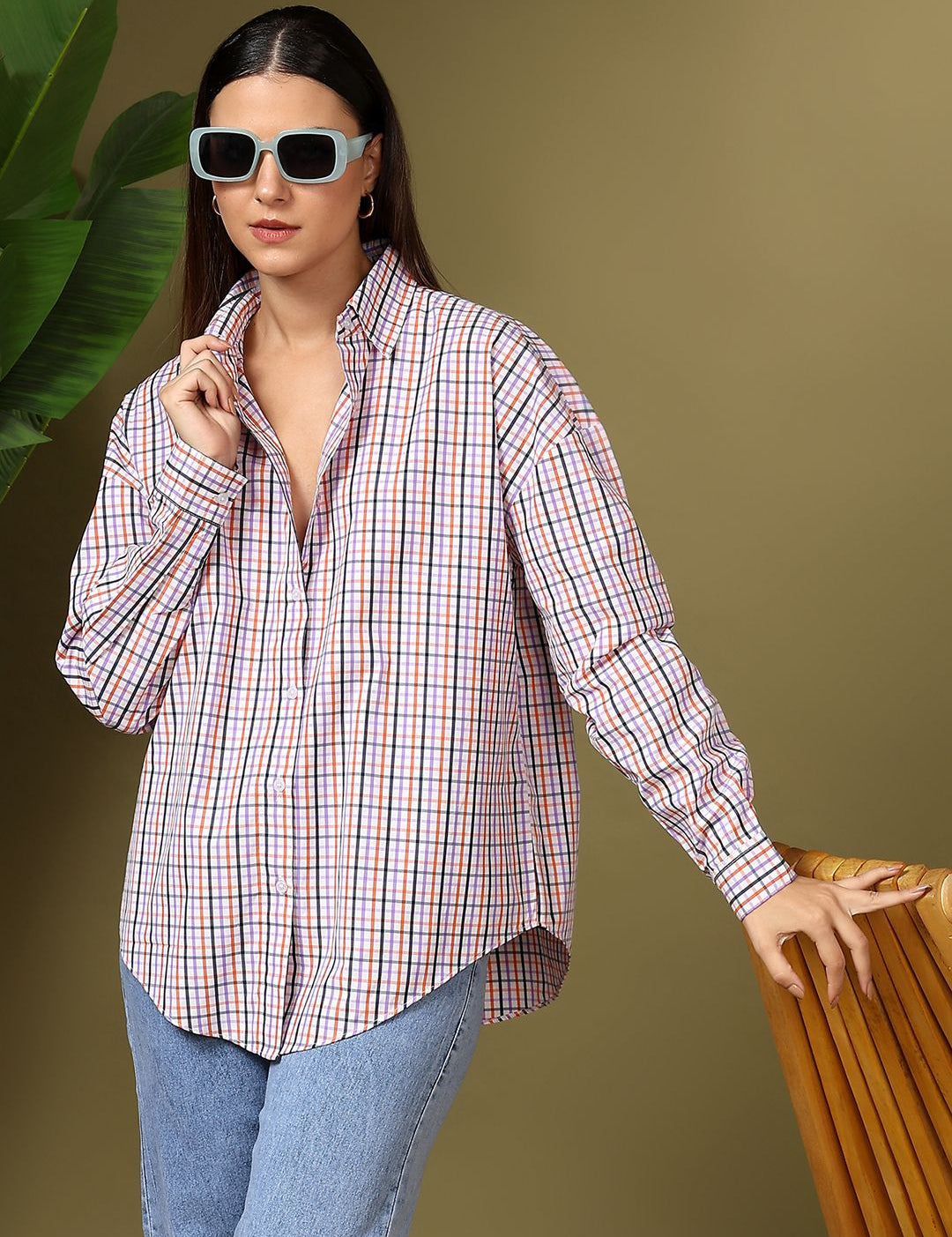 Kotty Women Spread Collar Micro Checked Cotton Casual Oversized Shirt